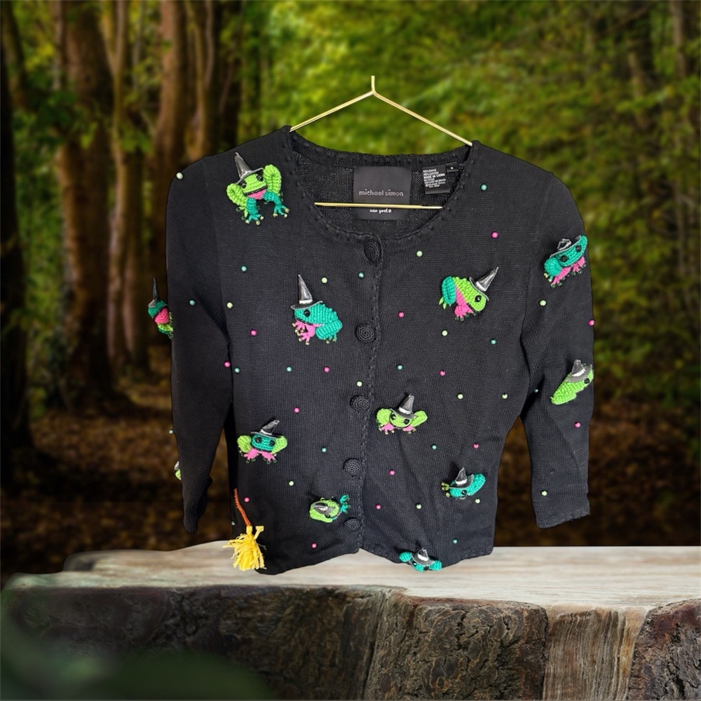 Michael Simon 3 D Black Cardigan with Whimsical Frogs Accents Size S Rare